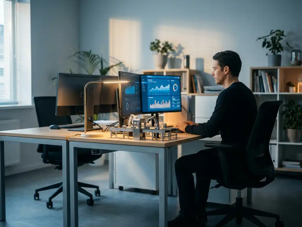 Medewerker aan modern bureau met meerdere monitoren met dashboards en miniatuur assemblagelijn, symboliek voor geautomatiseerde workflow.