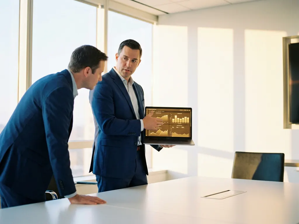 Professional presenteert glowing datadashboard op laptop aan executive in minimalistische boardroom met warm middaglicht.