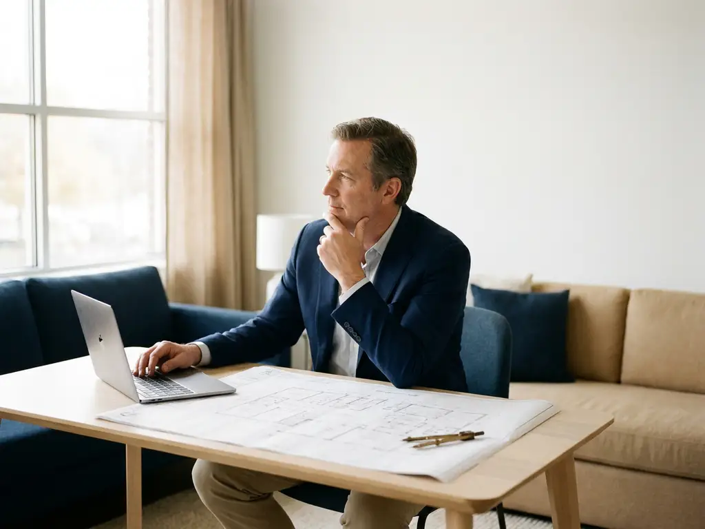 Zakelijke professional pauzeert nadenkend aan modern bureau met architectuurblueprint, laptop en kompas in marineblauw-zandtinten.