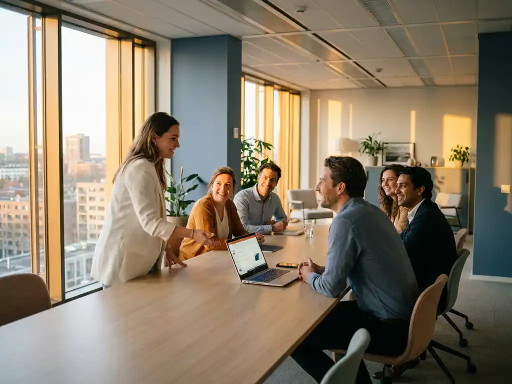Diverse professionals rond een vergadertafel in een modern Nederlands kantoor, collega wijst naar laptop in warm middaglicht.