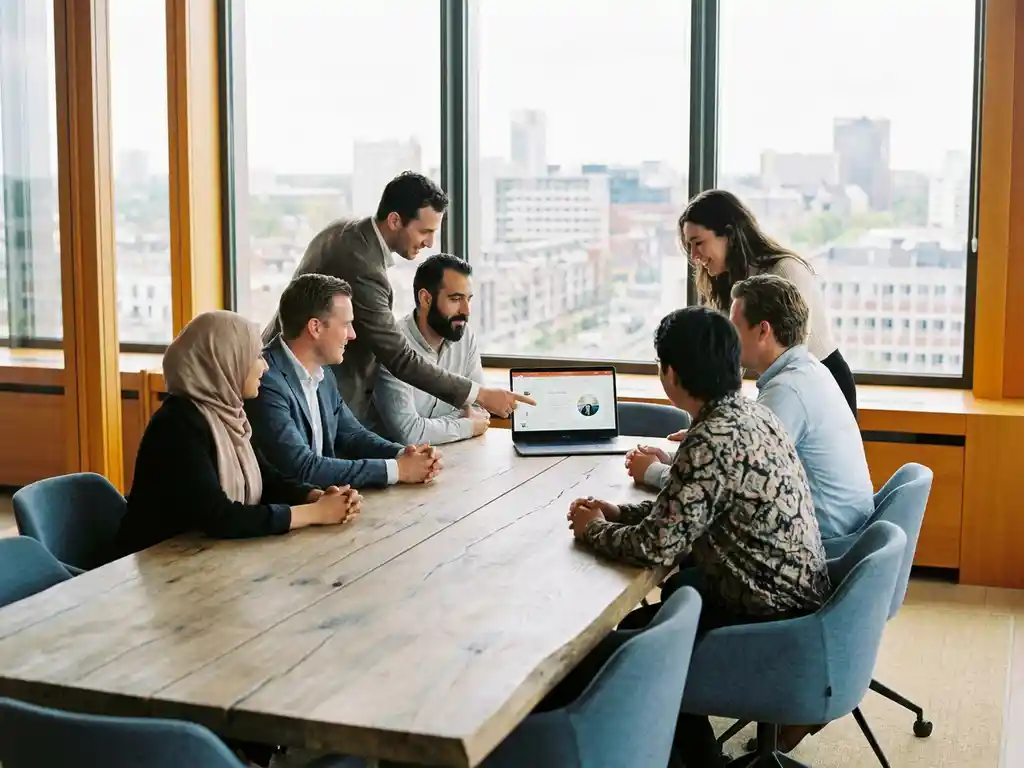 Diverse professionals rond een eiken vergadertafel in modern Nederlands kantoor, collega luistert aandachtig naar laptoppresentatie bij raam met stadsgezicht.